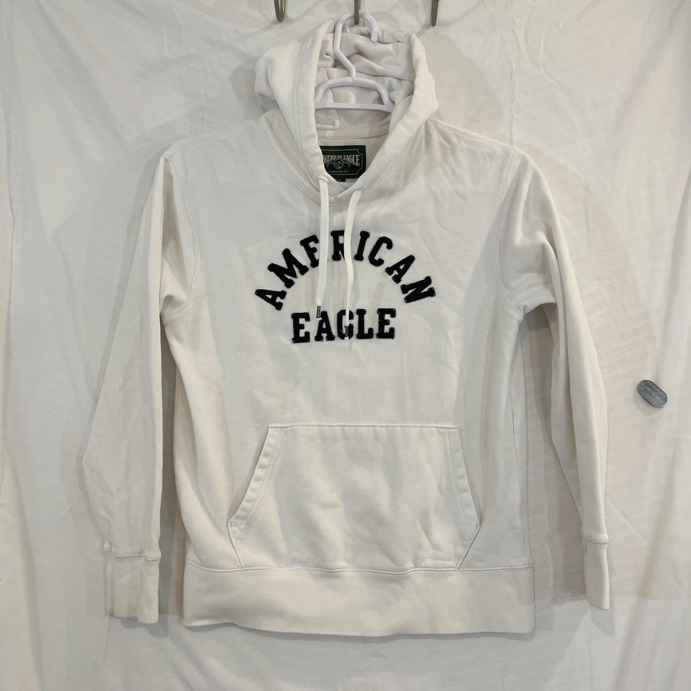 American Eagle Outfitters Hoodie Mens Small White‎ Pullover Chenille Logo Fleece